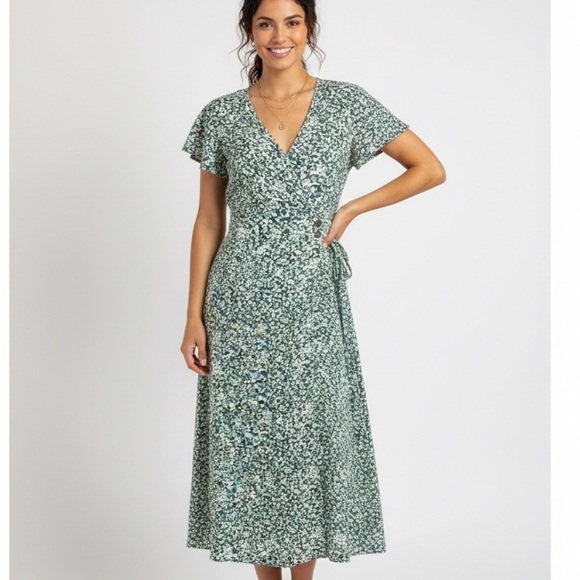 Sienna Sky Dresses & Skirts - Sienna Sky Green & White Floral Faux Wrap Midi Dress XS